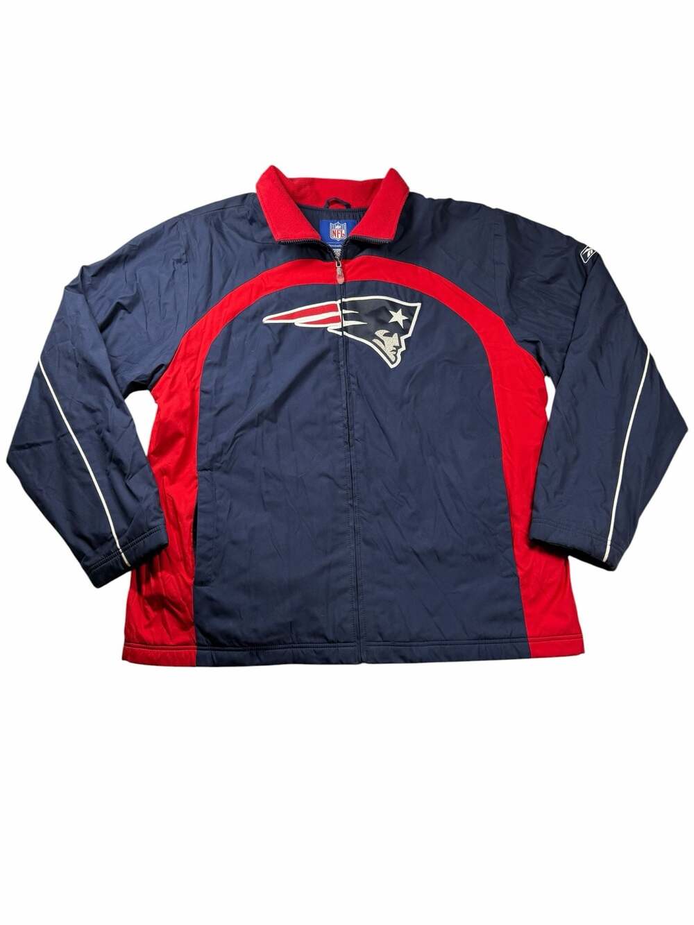 Reebok New England Patriots Full Zip Jacket Men’s L NFL Spell Out Blue Red